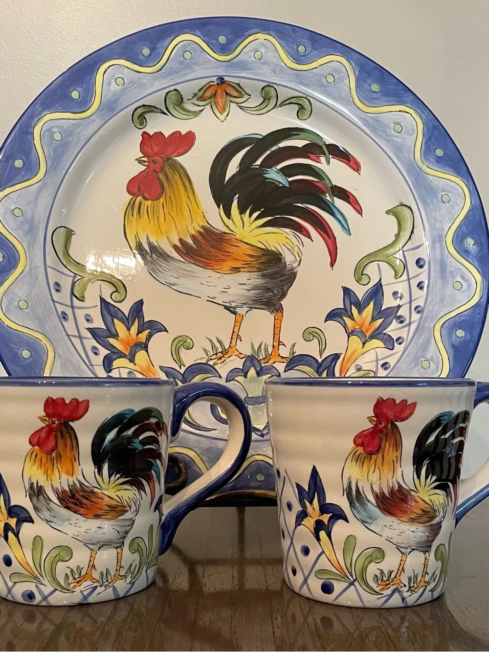 Hand-Painted Rooster Ceramic Dinner Plate - Blue Accent